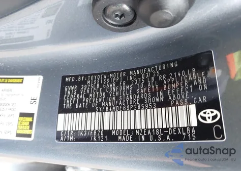 2025 Toyota Corolla Le from USA, damaged, VIN 5YFB4MDE6SP285953